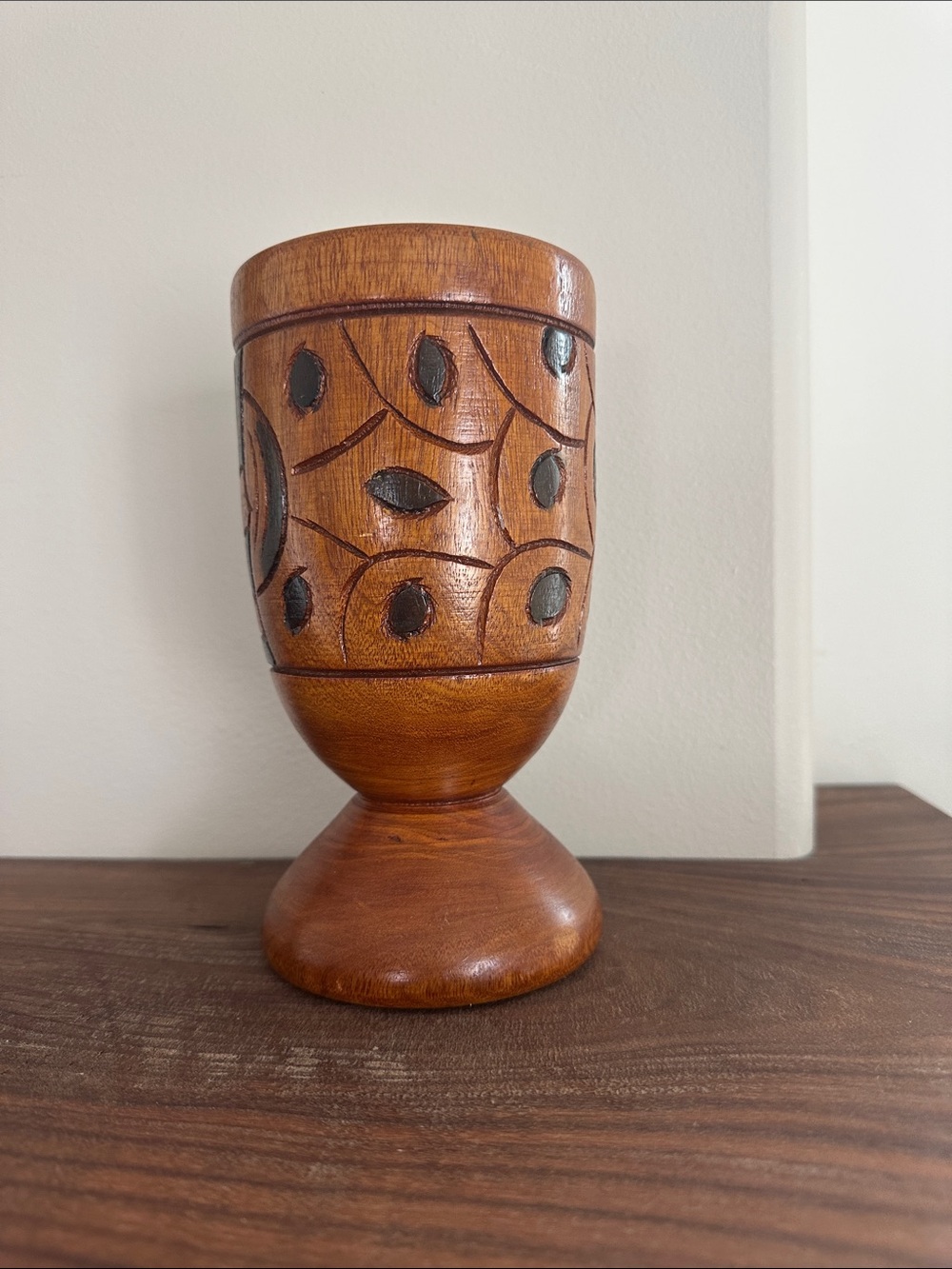 Vintage Carved Wooden Pedestal Vase - Brown - Picture 4 of 5